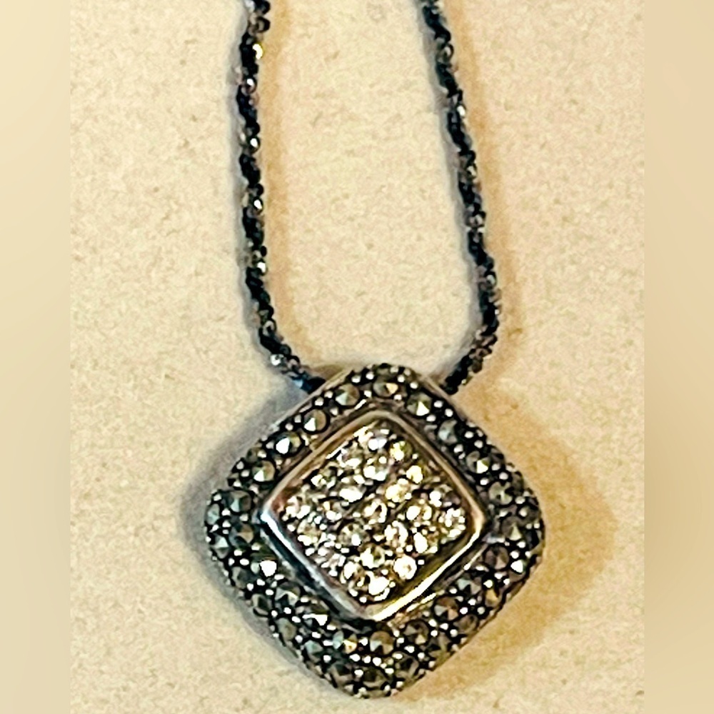 VTg Set Of 2 Sterling Silver Marcasite CZ Pendant / Chain Necklace Sz 17” Italy - Picture 1 of 12